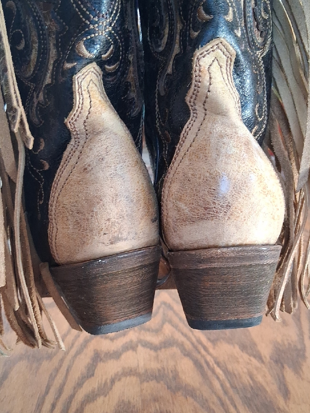 Corral Vintage Leather Brown Tan Inlay Snip Toe Fringe Western Boots Size 7 - Picture 10 of 13